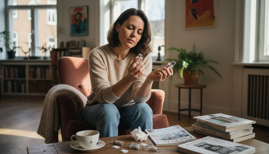 Vrouw probeert betaalbare parfums uit in haar appartement in de stad