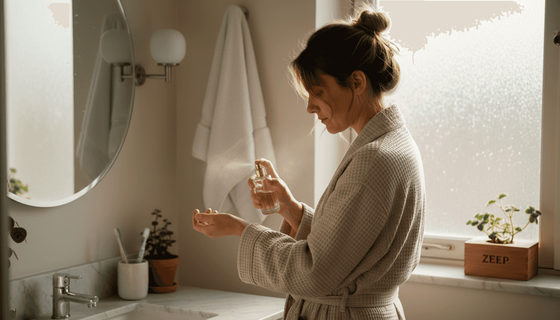 Een vrouw brengt haar favoriete parfum aan in de ochtendzon van de badkamer.