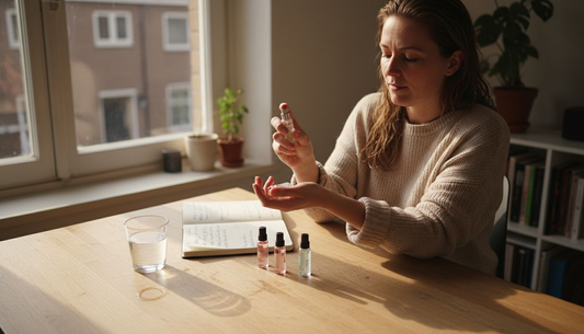 Een vrouw probeert een nieuwe geur uit bij het keukenraam, terwijl het zachte ochtendlicht naar binnen valt.