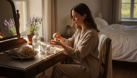 Een vrouw brengt een vegan parfum aan terwijl ze voor haar vintage kaptafel zit.