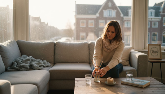 In haar zonnige woonkamer zet een vrouw een geurstokje neer om het huis lekker te laten ruiken.