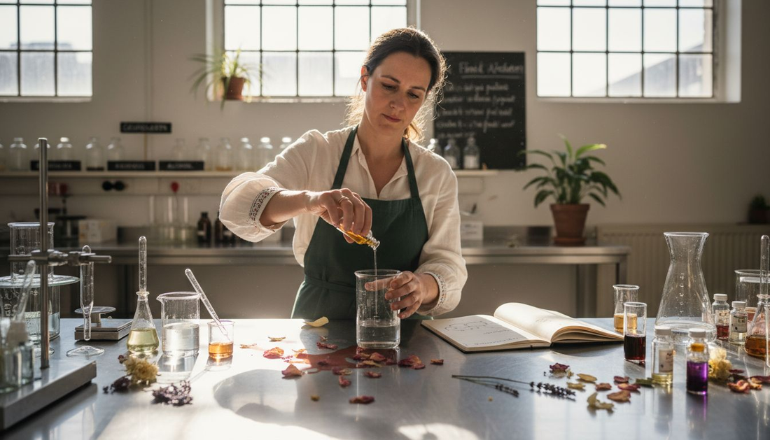 In een laboratorium experimenteert een parfumeur met verschillende geuren om unieke parfums te creëren.