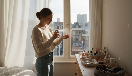 Een vrouw brengt parfum aan in een lichte, zonnige slaapkamer.