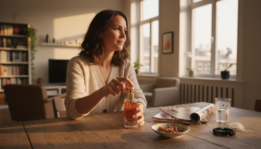 Een vrouw doet bij het raam haar parfumflesje open.