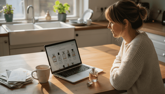 Een vrouw bekijkt en vergelijkt verschillende parfums online vanuit haar eigen woonkamer.