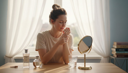 Een vrouw probeert een nieuw parfum uit aan haar kaptafel, terwijl het zonlicht naar binnen valt.
