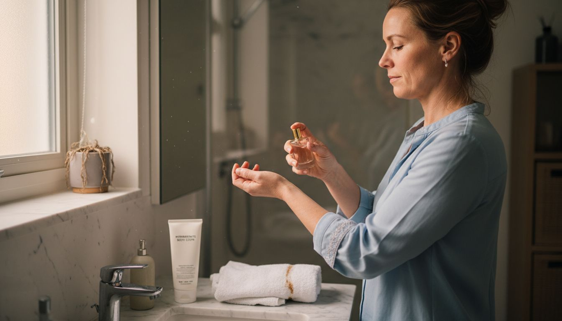 In de badkamer een beetje parfum op je pols sprayen
