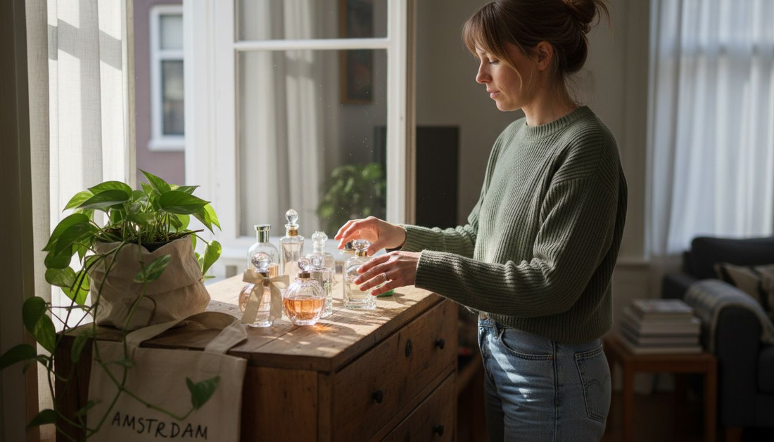 Een vrouw die duurzame parfumflesjes netjes op een rij zet