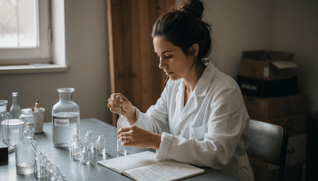 Een parfumeur stelt achter zijn werktafel een unieke geur samen.