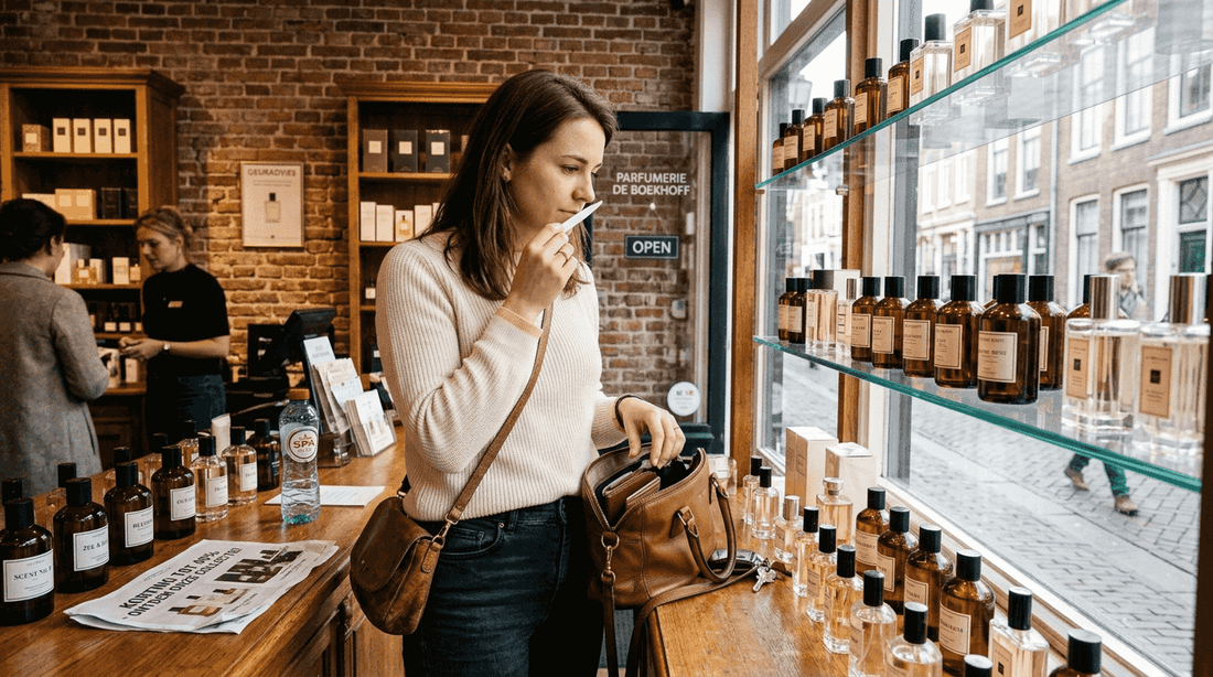 Een vrouw snuffelt tussen de parfumaanbiedingen in de winkel.