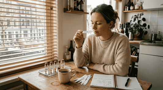 Aan de keukentafel probeert een vrouw verschillende geurstaaltjes uit.