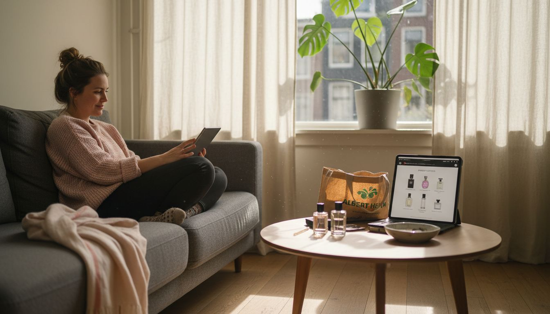 Een vrouw zoekt via haar tablet naar een nieuw parfum in een online webshop.