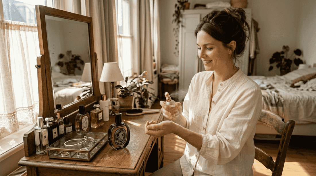 Een vrouw brengt haar parfum aan terwijl ze voor haar kaptafel staat.