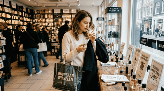 Vrouw probeert nieuw parfum uit tijdens promotieactie in de winkel