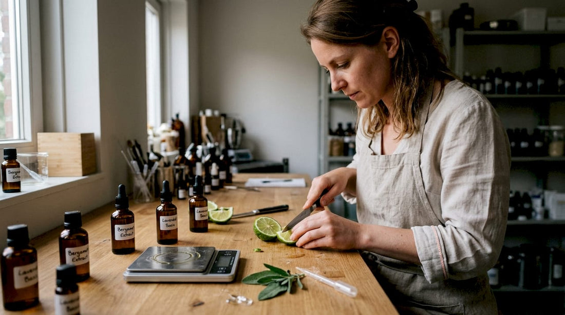 In zijn studio experimenteert de parfumeur met verschillende geurcomponenten om unieke parfums te creëren.