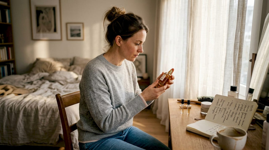 Een vrouw staat voor haar kaptafel en vergelijkt verschillende parfumflesjes om te beslissen welke geur ze vandaag zal dragen.