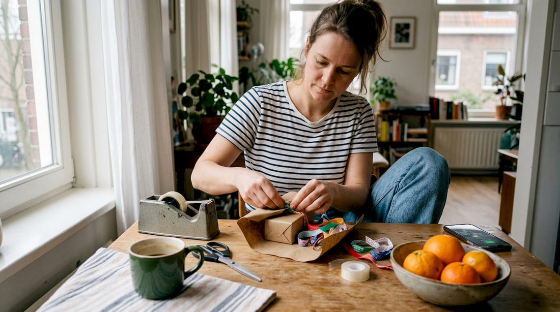 Een vrouw pakt in haar keuken een flesje parfum feestelijk in als cadeau.