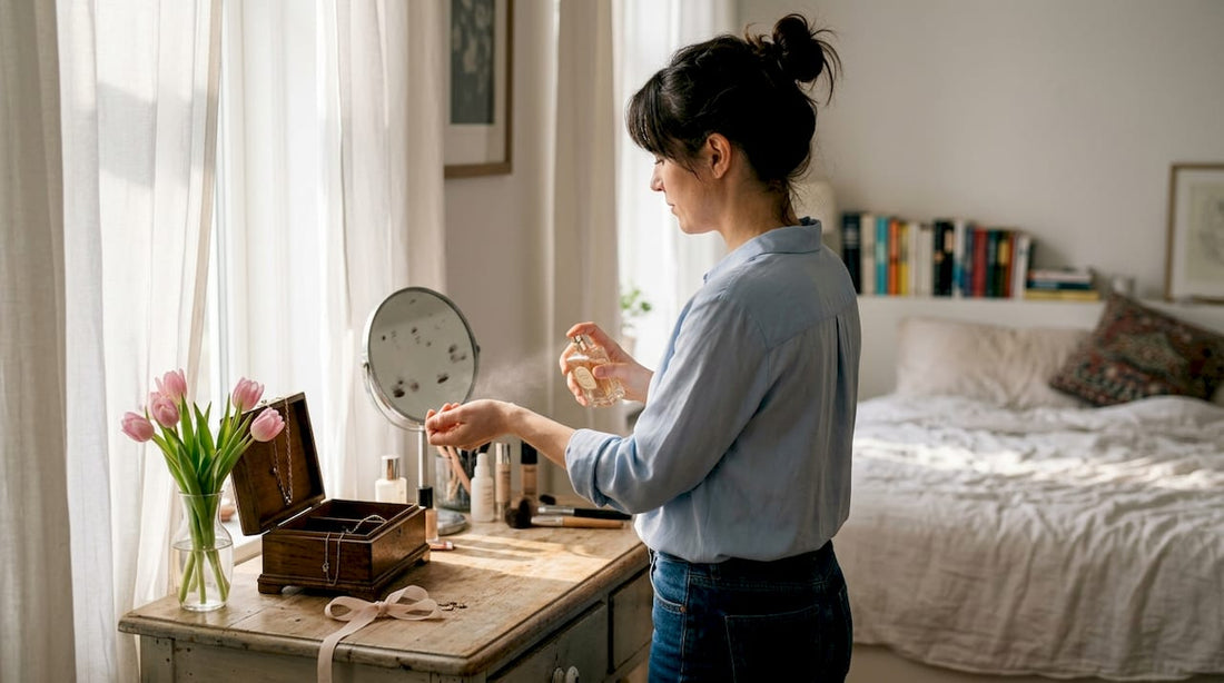 Een vrouw doet parfum op terwijl ze voor haar kaptafel staat.