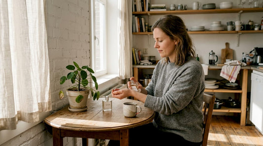 In de keuken sprayt een vrouw wat parfum op.