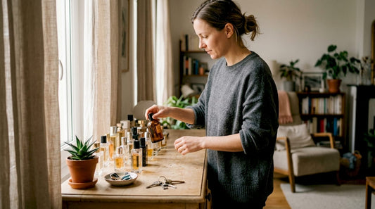 Een vrouw zet haar parfumflesjes netjes op een rij op haar dressoir.