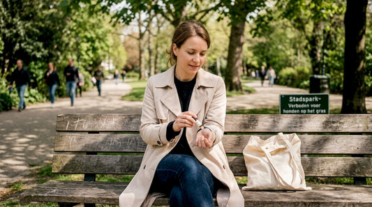 Een vrouw die zichzelf een vleugje parfum geeft terwijl ze ontspannen in het park zit.