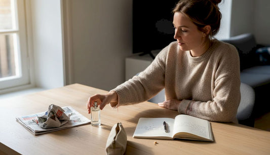 Een vrouw legt een parfumtester op de eettafel neer.