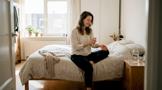 Terwijl de eerste zonnestralen naar binnen vallen, spuit een vrouw haar favoriete parfum op.