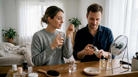 Een man en een vrouw proberen samen verschillende parfums uit aan de kaptafel.