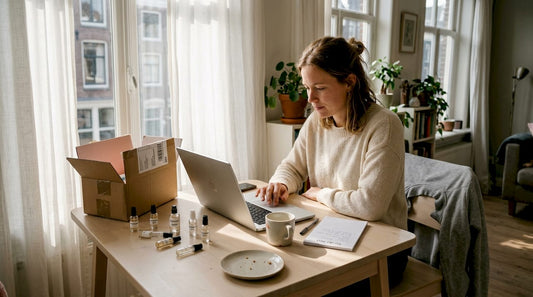 Een vrouw bestelt parfum vanaf haar keukentafel via internet.