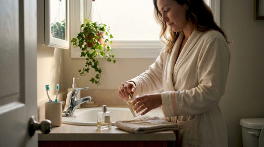 Een vrouw staat bij de wastafel en twijfelt tussen parfum en eau de cologne: welke geur past het beste bij haar stemming vandaag?