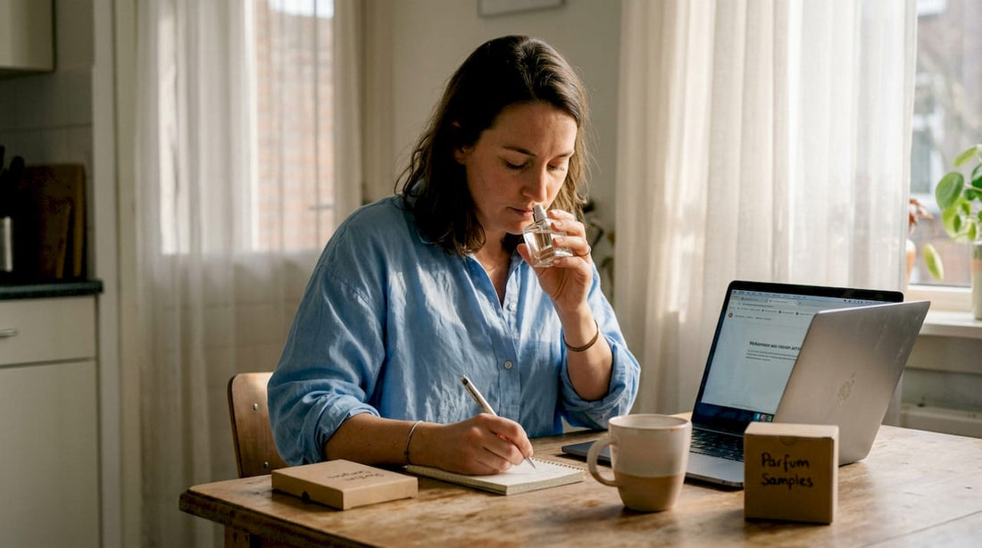 Aan de keukentafel probeert een vrouw een nieuw parfum uit.