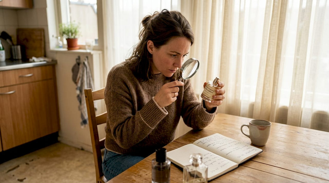 Een vrouw zit aan tafel en bestudeert aandachtig het etiket van een parfumflesje.