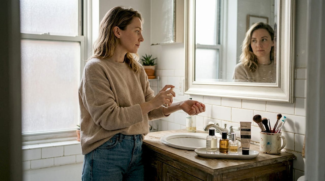 Vrouw maakt haar ochtendroutine compleet met een vleugje parfum