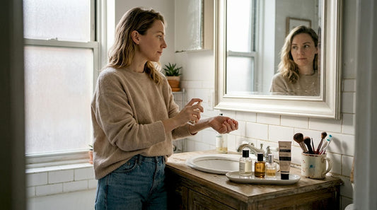Vrouw maakt haar ochtendroutine compleet met een vleugje parfum