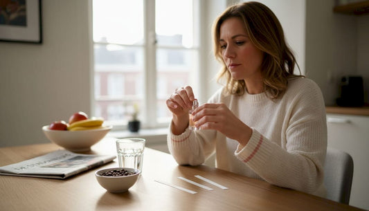 Aan de keukentafel legt een vrouw zorgvuldig verschillende parfums klaar voor een gezellige proeverij.