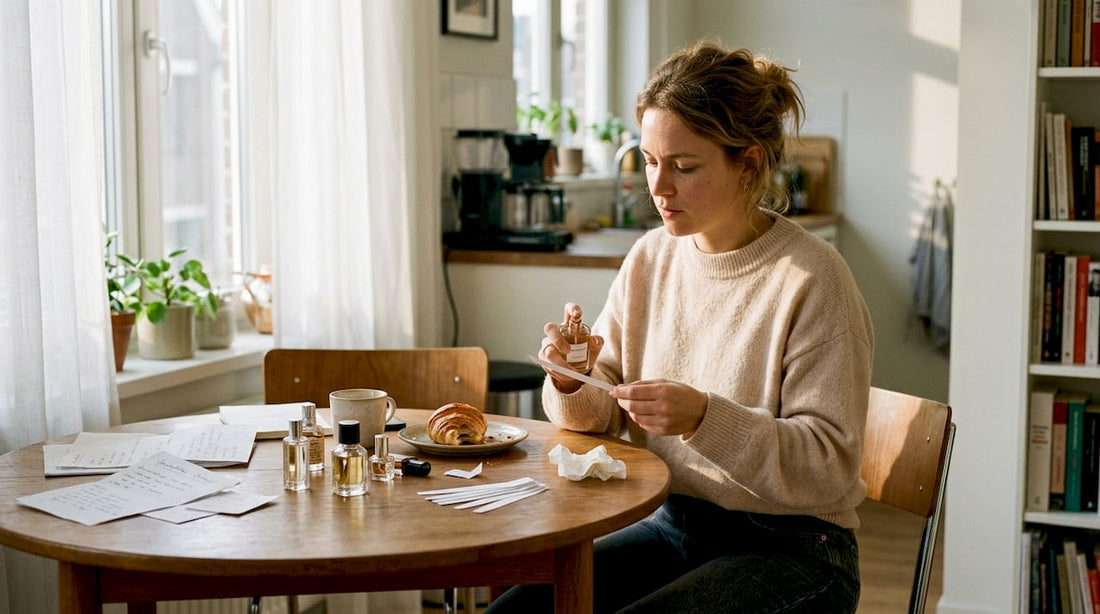 Een vrouw probeert verschillende geurtjes uit thuis om te ontdekken welke parfum het beste bij haar past.
