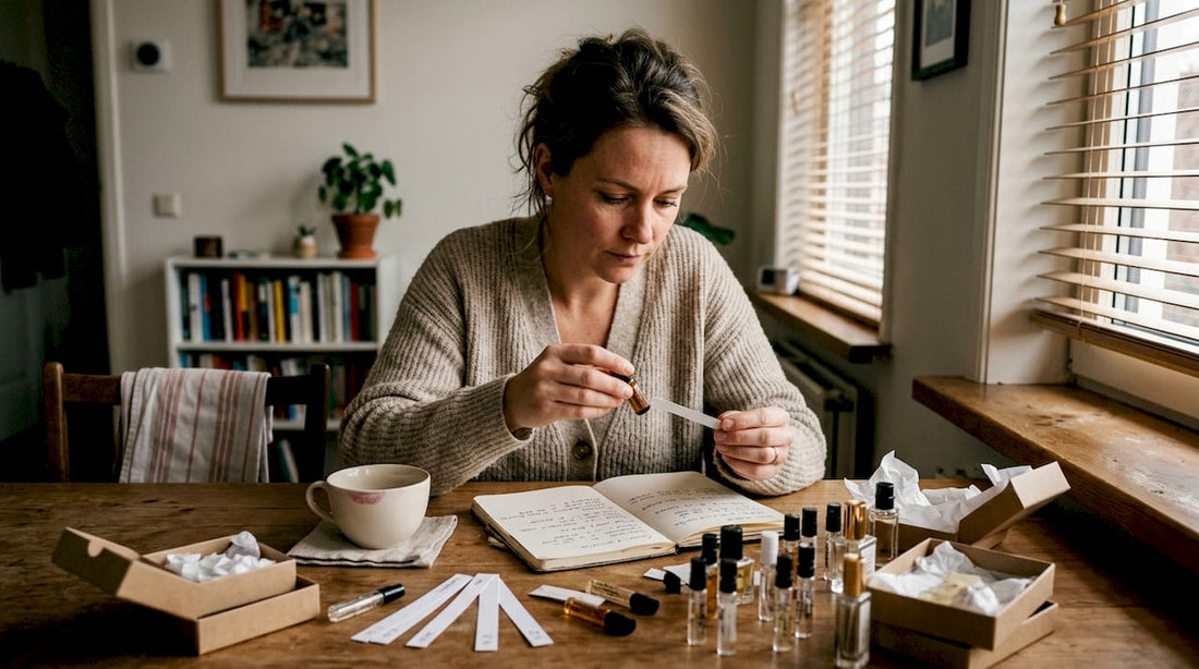 Een vrouw twijfelt aan tafel welke parfum ze als cadeau zal uitkiezen.