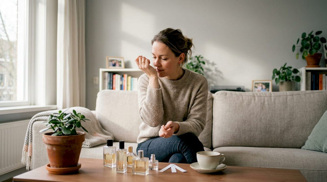 Een vrouw probeert een nieuw luchtje uit in haar gezellige woonkamer.