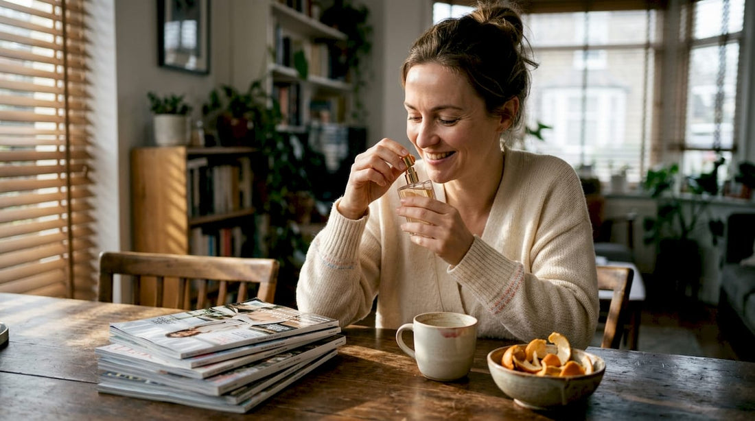 Een vrouw maakt een parfumflesje open terwijl ze aan de eettafel zit.