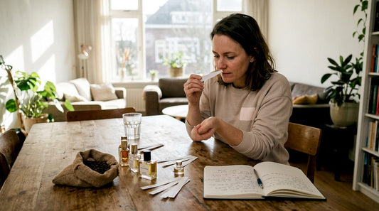 Een vrouw probeert verschillende parfums uit aan de eettafel bij haar thuis.