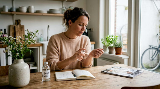 ’s Ochtends aan de eettafel probeert een vrouw een nieuw luchtje uit.