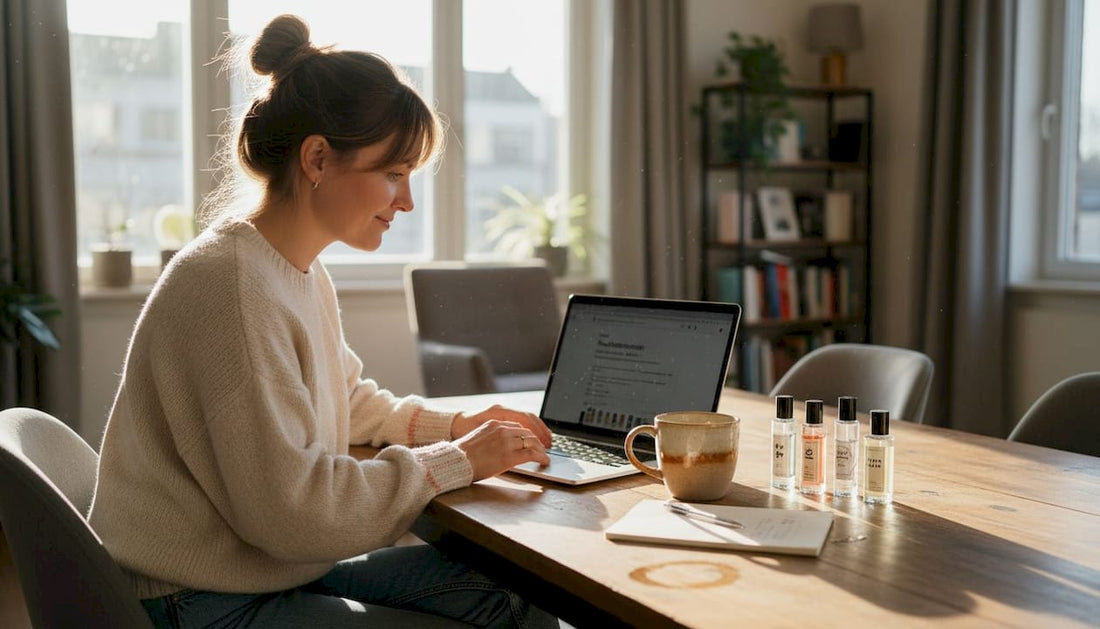Thuis zit een vrouw achter haar laptop parfumreviews te lezen, op zoek naar haar volgende favoriete geur.