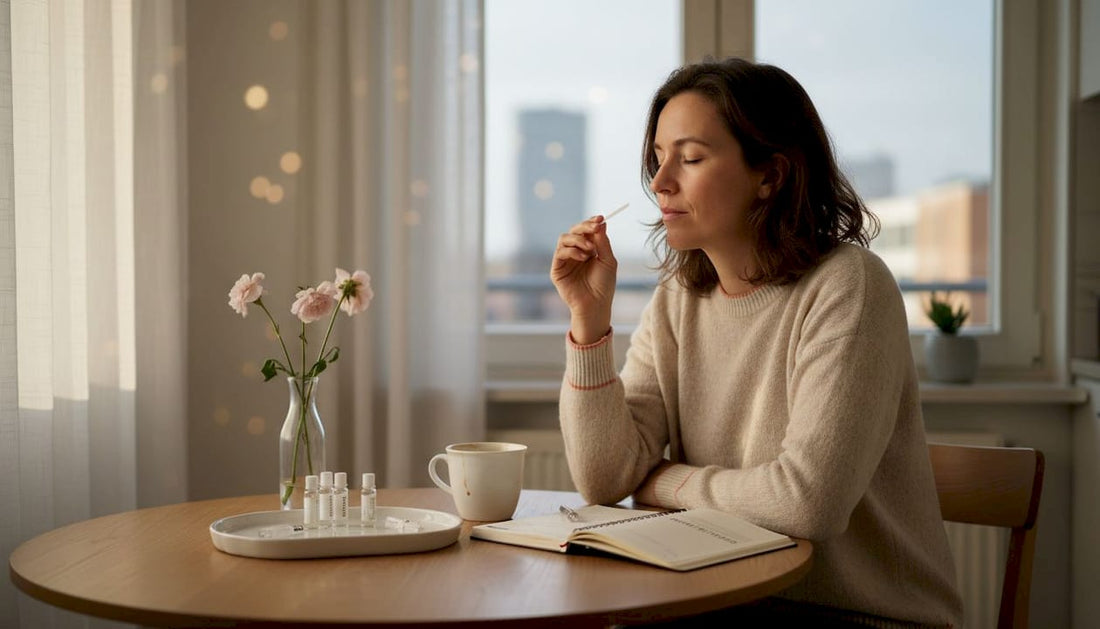 Een vrouw probeert een nieuw geurtje uit aan de keukentafel.