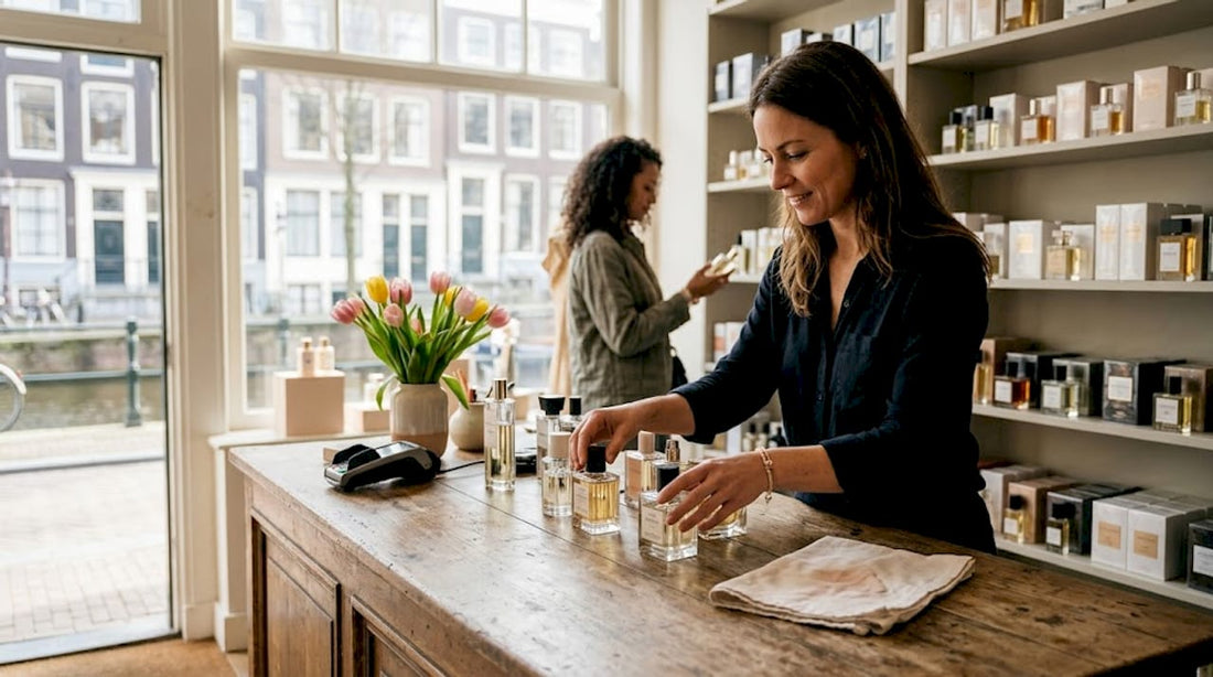 Een medewerker van de parfumerie zet de parfumflesjes netjes op hun plek.