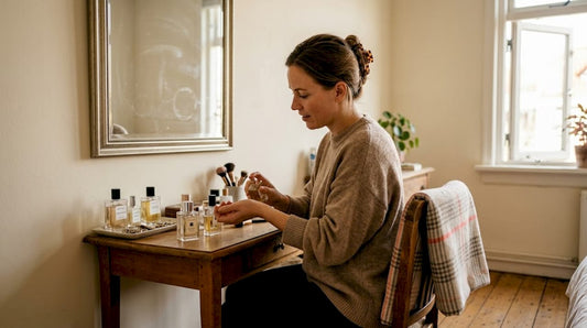 Een vrouw brengt verschillende laagjes parfum aan terwijl ze voor haar kaptafel staat.