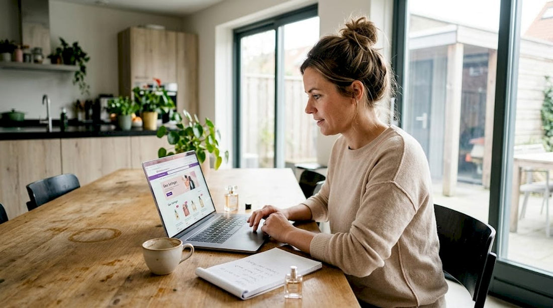 Een vrouw speurt online naar de beste parfumdeals.