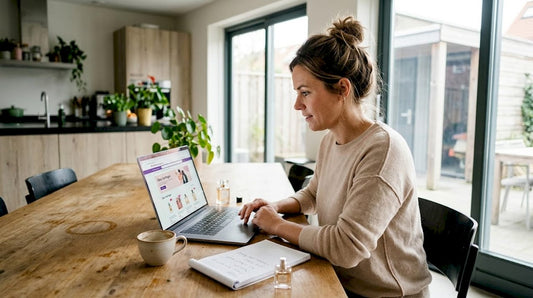 Een vrouw speurt online naar de beste parfumdeals.