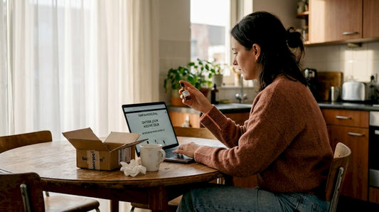 Een vrouw zit aan de keukentafel rustig rond te neuzen op internet naar een nieuw parfum.