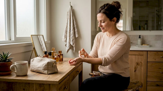 Een vrouw staat voor haar badkamermeubel en brengt verschillende geurtjes over elkaar aan om haar eigen, unieke parfumcombinatie te creëren.