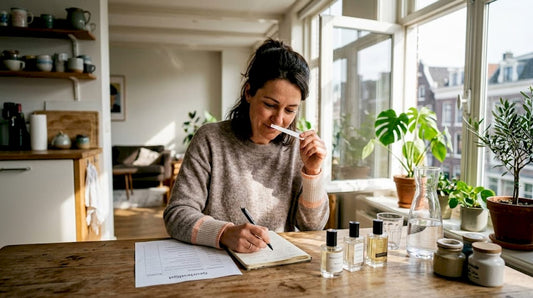 Een vrouw probeert een nieuw geurtje uit aan haar keukentafel.